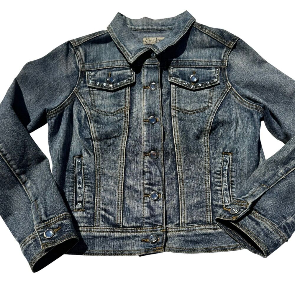 Earl Jean Women’s Y2K Denim Jacket Small Blue Wash Studded Trucker Stretch